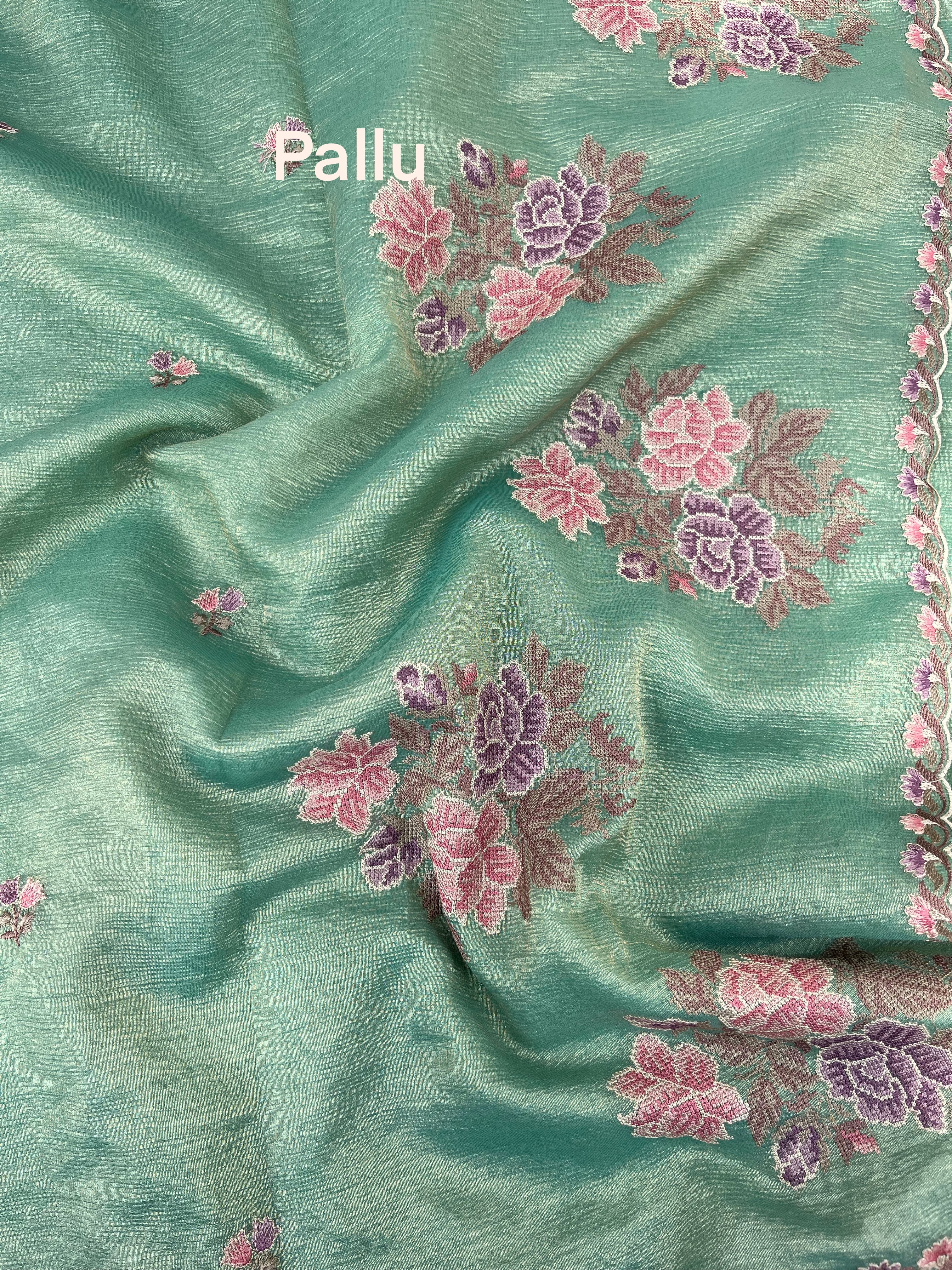 Turquoise Blue Floral Crushed Tissue Organza Saree
